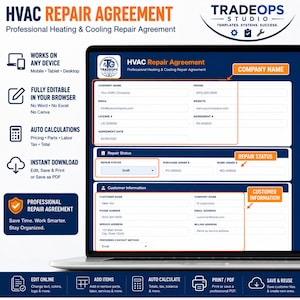 May include: A digital HVAC Repair Agreement template displayed on a laptop screen. The form includes fields for company name, phone, email, website, license number, agreement number, repair status, purchase order, work order, and customer information.