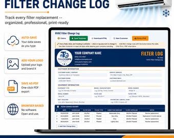 Plantilla de registro de cambio de filtro de HVAC / Formulario de mantenimiento de HVAC en HTML editable / Registro de servicio / Descarga instantánea