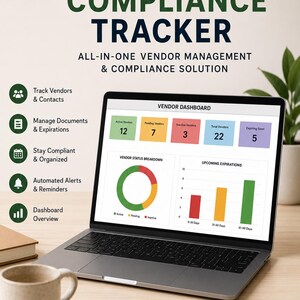 Puede incluir: Pantalla de portátil que muestra un panel de control de gestión de proveedores con gráficos y datos. El texto dice "Vendor & Compliance Tracker" y "Solución integral de gestión y cumplimiento de proveedores".