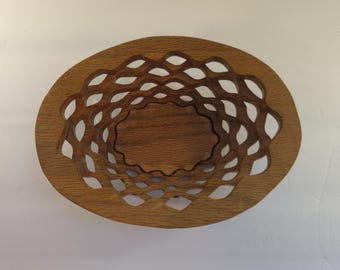 Signed Handmade Scroll Saw Wood Bowl Lattice Basket Centerpiece 8.5" x 2"