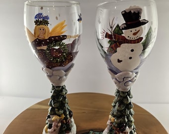 Hand Painted Vintage Christmas Wine Glasses with 3D Sculpted Ceramic Christmas Tree Stems, Snowman and Angel Set of 2, Festive Holiday Decor