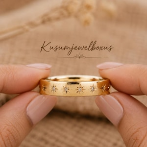 Alianza de boda Gold Starburst, anillo de diamantes con moissanita celestial, delicado anillo nupcial apilable con diseño de rayos de sol.
