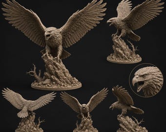 Puede incluir: Una figura de águila marrón mostrada desde múltiples ángulos, con el ave con las alas extendidas posada sobre una base rocosa. La escultura presenta texturas detalladas de plumas y un pico afilado, con un recuadro circular que muestra un primer plano.