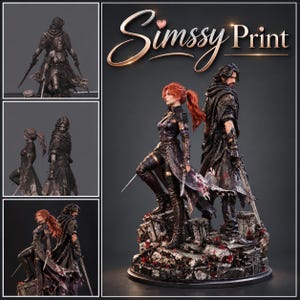 May include: A detailed resin figurine set featuring a red-haired woman and a dark-haired man in fantasy attire, standing back-to-back on a rocky base with red floral accents. The text Simssy Print is displayed in the upper right corner.