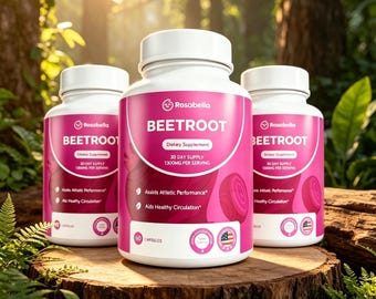 Rosabella Organic Beetroot Capsules 1300mg | Vegan Beet Root Powder Supplement, Supports Blood Circulation & Athletic Performance, 60 Caps