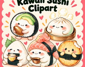 Kawaii Sushi Clipart 50 PNG Bundle, urocze postacie z japońskiego jedzenia, przezroczyste tło, grafika naklejki Sushi Ramen Mochi