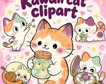 Może przedstawiać: Cyfrowa ilustracja zatytułowana Kawaii cat clipart przedstawiająca pięć kotów z kreskówek w różnych pozach. Jeden kot trzyma szklany słoik ze świecącymi świetlikami, inny bawi się kłębkiem wełny, jeden bada kwiat w zegarku kieszonkowym.