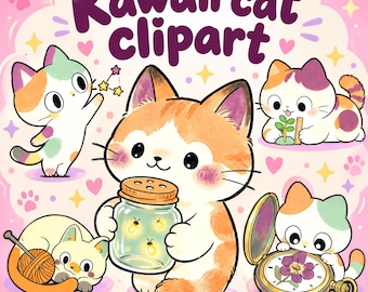 May include: A digital illustration titled Kawaii cat clipart featuring five cartoon cats in various poses. One cat holds a glass jar with glowing fireflies, another plays with a ball of yarn, one examines a plant, one looks at a pocket watch, and one reaches for stars.