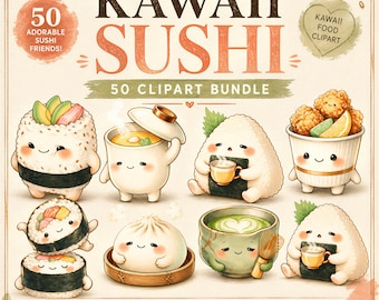 May include: A digital clipart bundle featuring 50 illustrations of anthropomorphic sushi and food items with smiling faces. The text reads KAWAII SUSHI 50 CLIPART BUNDLE, 50 ADORABLE SUSHI FRIENDS, KAWAII FOOD CLIPART, 50 PNG, TRANSPARENT BACKGROUND, 300 DPI, COMMERCIAL USE.
