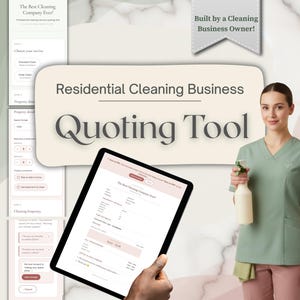 May include: A digital residential cleaning business quoting tool displayed on a tablet screen, featuring a form for service selection and property details. The interface includes the text Residential Cleaning Business Quoting Tool and Built by a Cleaning Business Owner.