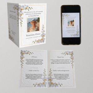 Könnte beinhalten: Eine Trauerprogramm-Vorlage mit weißen Orchideen-Illustrationen, goldenen Rändern und Texten wie "Rosemary Elaine", "Obituary", "Order of Service", "Thank You" und "Family Acknowledgements", dargestellt als gefaltete Karte und auf einem Smartphone.