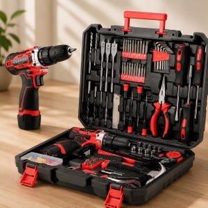 Juego de herramientas de taladro inalámbrico con estuche de transporte, kit de bricolaje para reparaciones del hogar.