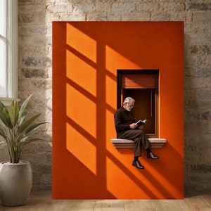 May include: A person with gray hair and a beard wearing a dark brown long-sleeved shirt and trousers sits on a window ledge reading a book. The window is set into a vibrant orange wall with a window blind and a long shadow cast across the surface.