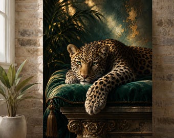 May include: A wall art print featuring a leopard resting on a dark green velvet cushion with gold tassels. The leopard has a spotted coat and green eyes, positioned on a stone pedestal. The background shows dark foliage and gold leaf accents.