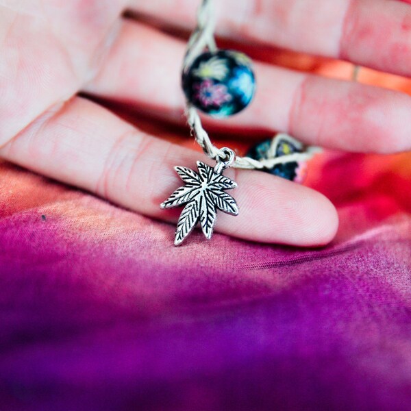 Braided Hemp Anklet with Marijuana Leaf Pendant and Clay Beads