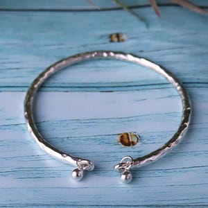 Hammered & Dangling Bell Bangle, 925 Sterling Silver, Open Bangle, Cuff Bracelet, Minimalist Bangle, Rustic Textured Bangle, Artisan Jewelry