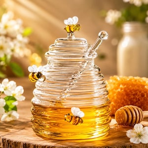 May include: A clear glass honey jar with a bee-shaped lid and decorative bees on the side. The jar is filled with golden honey and includes a glass dipper. A wooden honey dipper and honeycomb are also visible.