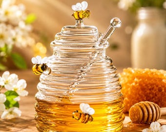 Bee Honey Jar, Glass Honey Pot, Honeycomb Dipper Jar, Cute Bee Kitchen Decor, Farmhouse Gift