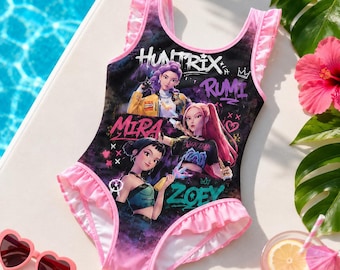 Huntrix Girls One Piece Swimsuit, Kids Anime Ruffle Bathing Suit, KPop Inspired Summer Beach Swimwear, Cute Pool Party Outfit Gift