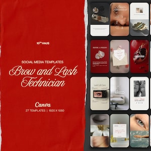 May include: A collection of 27 social media templates for a brow and lash technician, presented on a red background with torn edges. The templates feature various layouts, including photography of eyes, brows, and aesthetic elements with text.