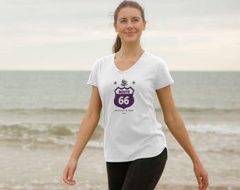Camisetas de cuello en V de la Ruta 66 para mujer. 100% algodón orgánico.