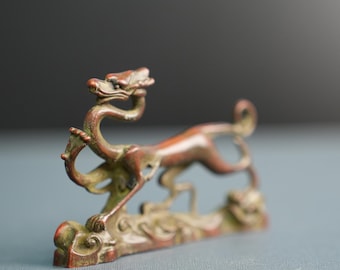 Mascota de té Dragón Azul de Latón Vintage, Figura de Bestia del Feng Shui Chino