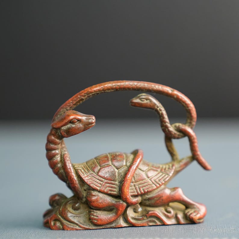 Puede incluir: Una figura de metal de color marr&oacute;n rojizo que representa una tortuga con una serpiente enroscada alrededor de su caparaz&oacute;n y cuello. La tortuga tiene un caparaz&oacute;n texturizado con patrones geom&eacute;tricos y el cuerpo de la serpiente forma un arco.