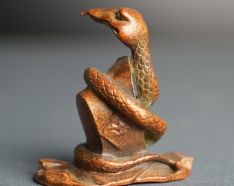 Vintage Hand-Carved Brass Snake Tea Pet, Feng Shui Wealth Figurine, Lucky Ingot Ornament
