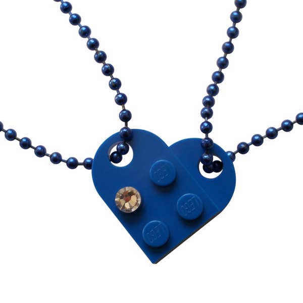 Dark Blue 2 piece customizable heart made from 2 LEGO® plates with a 'Diamond' color SWAROVSKI® crystal on 2 Blue ballchains - Best Friends
