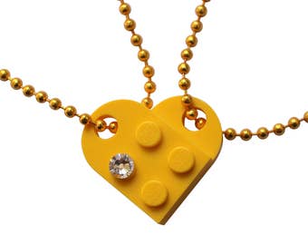 Yellow 2 piece customizable heart made from 2 LEGO® plates with a 'Diamond' color SWAROVSKI® crystal on 2 Yellow ballchains - Best Friends