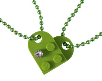 Light Green 2 piece customizable heart made from 2 LEGO® plates with a 'Diamond' color SWAROVSKI® crystal on 2 Green ballchains - BFF