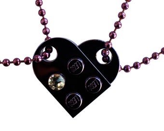 Chrome Purple 2 piece customizable LEGO® heart made from 2 LEGO® plates with a 'Diamond' color SWAROVSKI® crystal on 2 Purple ballchains