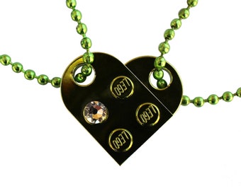Chrome Green 2 piece customizable LEGO® heart made from 2 LEGO® plates with a 'Diamond' color SWAROVSKI® crystal on 2 Green ballchains