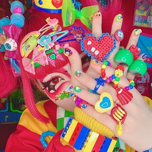 Decora Blue-Yellow-Red bracelet - made from LEGO® bricks on stretchy cords - decora Jewelry -  Harajuku - FRUiTS Japanese Fashion magazine