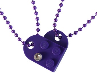 Purple 2 piece customizable heart made from 2 LEGO® plates with a 'Diamond' color SWAROVSKI® crystal on 2 Purple ballchains - Best Friends
