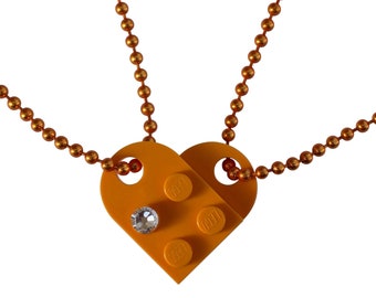 Yellow Orange 2 piece customizable heart made from 2 LEGO® plates with a 'Diamond' color SWAROVSKI® crystal on 2 Orange ballchains - BFF