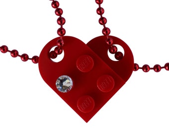 Red 2 piece customizable heart made from 2 LEGO® plates with a 'Diamond' color SWAROVSKI® crystal on 2 Red ballchains - Best Friends