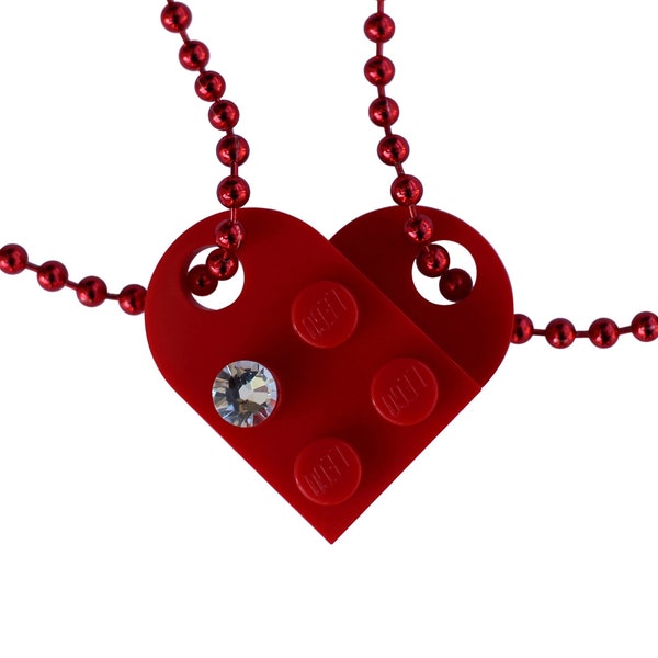 Red 2 piece customizable heart made from 2 LEGO® plates with a 'Diamond' color SWAROVSKI® crystal on 2 Red ballchains - Best Friends