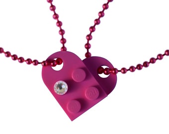 Dark Pink 2 piece customizable heart made from 2 LEGO® plates with a 'Diamond' color SWAROVSKI® crystal on 2 Pink ballchains - Best Friends