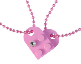 Light Pink 2 piece customizable heart made from 2 LEGO® plates with a 'Diamond' color SWAROVSKI® crystal on 2 Pink ballchains - Best Friends