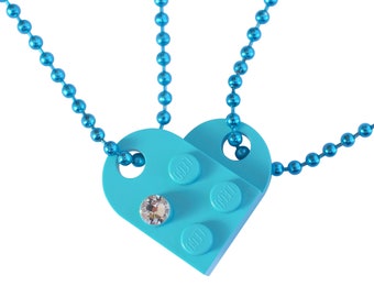 Turquoise Blue 2 piece customizable heart made from 2 LEGO® plates with a 'Diamond' color SWAROVSKI® crystal on 2 Blue ballchains - BFF