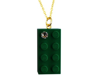 Dark Green LEGO® brick 2x4 with a 'Diamond' color SWAROVSKI® crystal on a Silver/Gold plated trace chain or on a Green ballchain