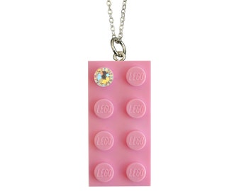 Light Pink LEGO® brick 2x4 with a 'Diamond' color SWAROVSKI® crystal on a Silver/Gold plated trace chain or on a Pink ballchain