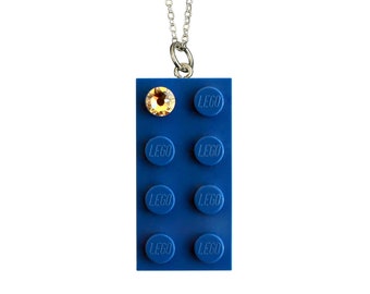 Dark Blue LEGO® brick 2x4 with a 'Diamond' color SWAROVSKI® crystal on a Silver/Gold plated trace chain or on a Blue ballchain