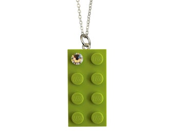 Light Green LEGO® brick 2x4 with a 'Diamond' color SWAROVSKI® crystal on a Silver/Gold plated trace chain or on a Green ballchain