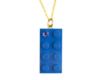 Dark Blue LEGO® brick 2x4 with a Blue SWAROVSKI® crystal on a Silver/Gold plated trace chain or on a Blue ballchain