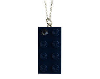 Navy Blue LEGO® brick 2x4 with a Blue SWAROVSKI® crystal on a Silver/Gold plated trace chain