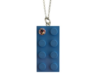 Light Blue LEGO® brick 2x4 with a 'Diamond' color SWAROVSKI® crystal on a Silver/Gold plated trace chain or on a Blue ballchain