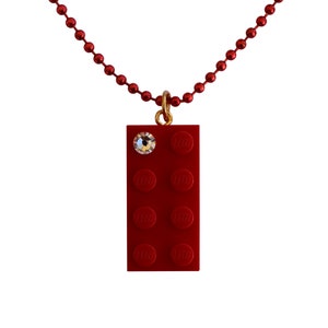 Red LEGO® brick 2x4 with a 'Diamond' color SWAROVSKI® crystal on a Silver/Gold plated trace chain or on a Red ballchain image 2