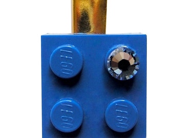 Dark Blue LEGO® brick 2x2 with a Blue SWAROVSKI® crystal on a Silver/Gold hair clip (one piece)